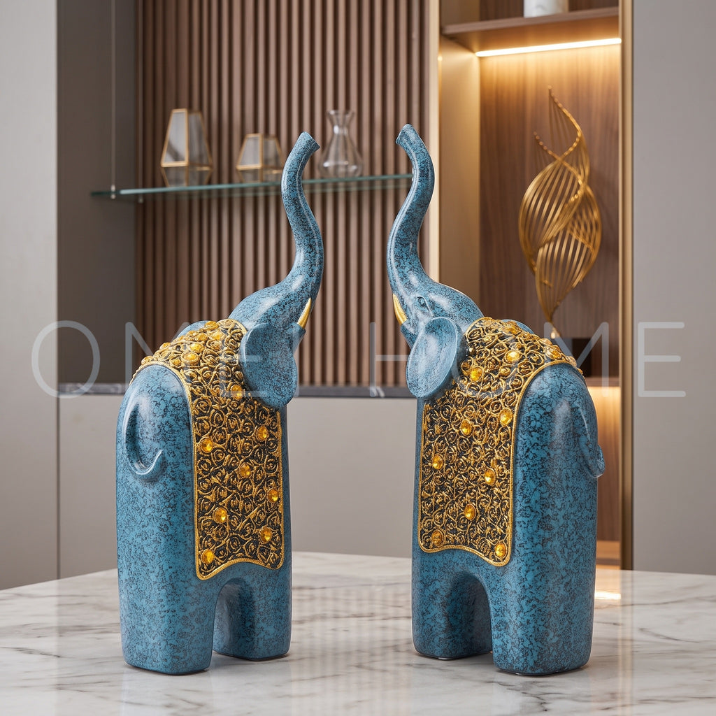 Elephant Pair Decor Oceanic Blue & Antique Gold (Set of 2)