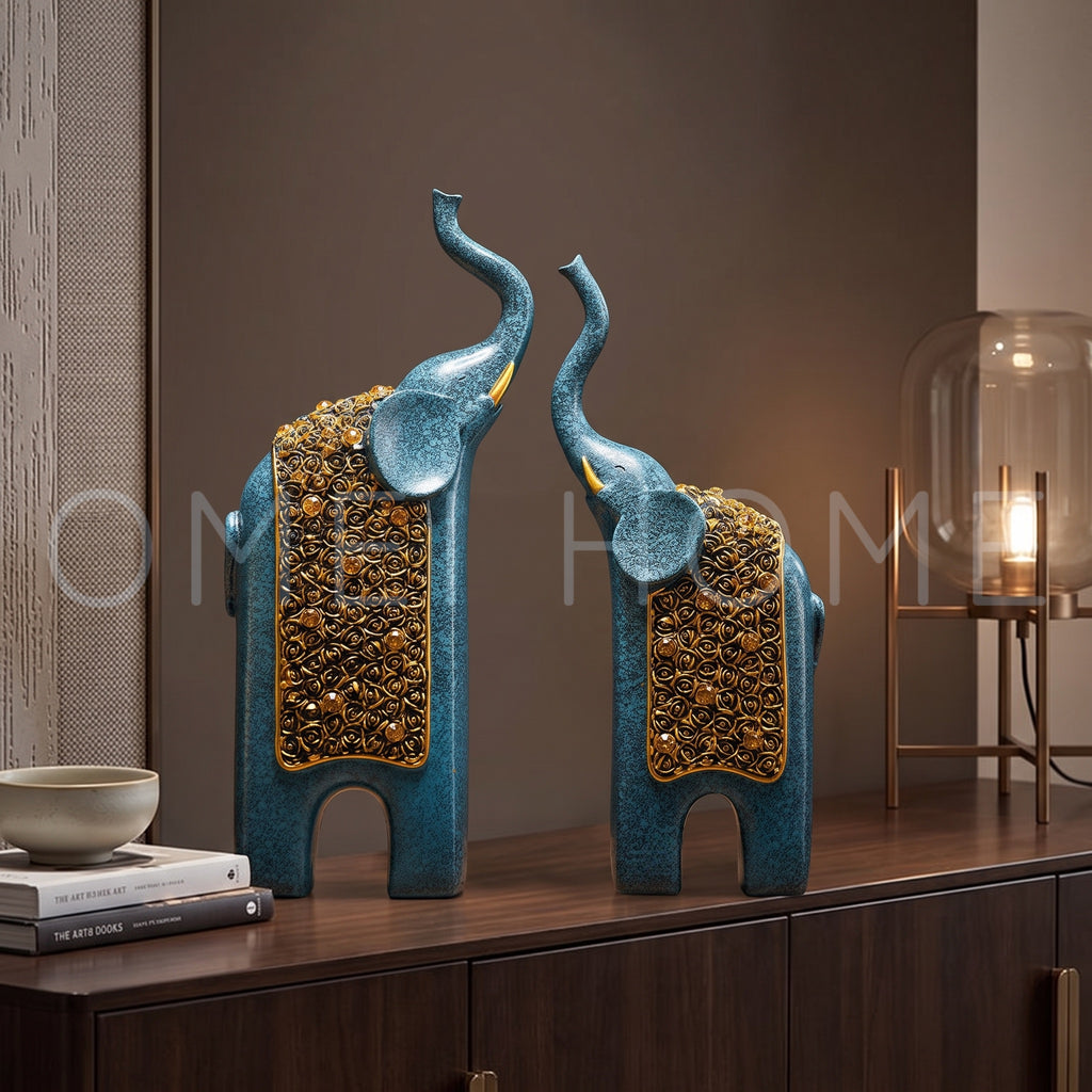 Elephant Pair Decor Oceanic Blue & Antique Gold (Set of 2)