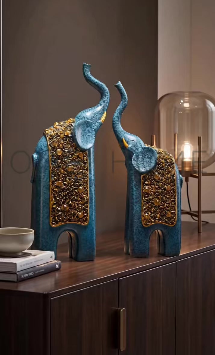 Elephant Pair Decor Oceanic Blue & Antique Gold (Set of 2)