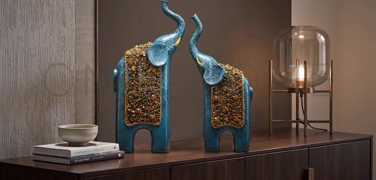 Elephant Pair Decor Oceanic Blue & Antique Gold (Set of 2)